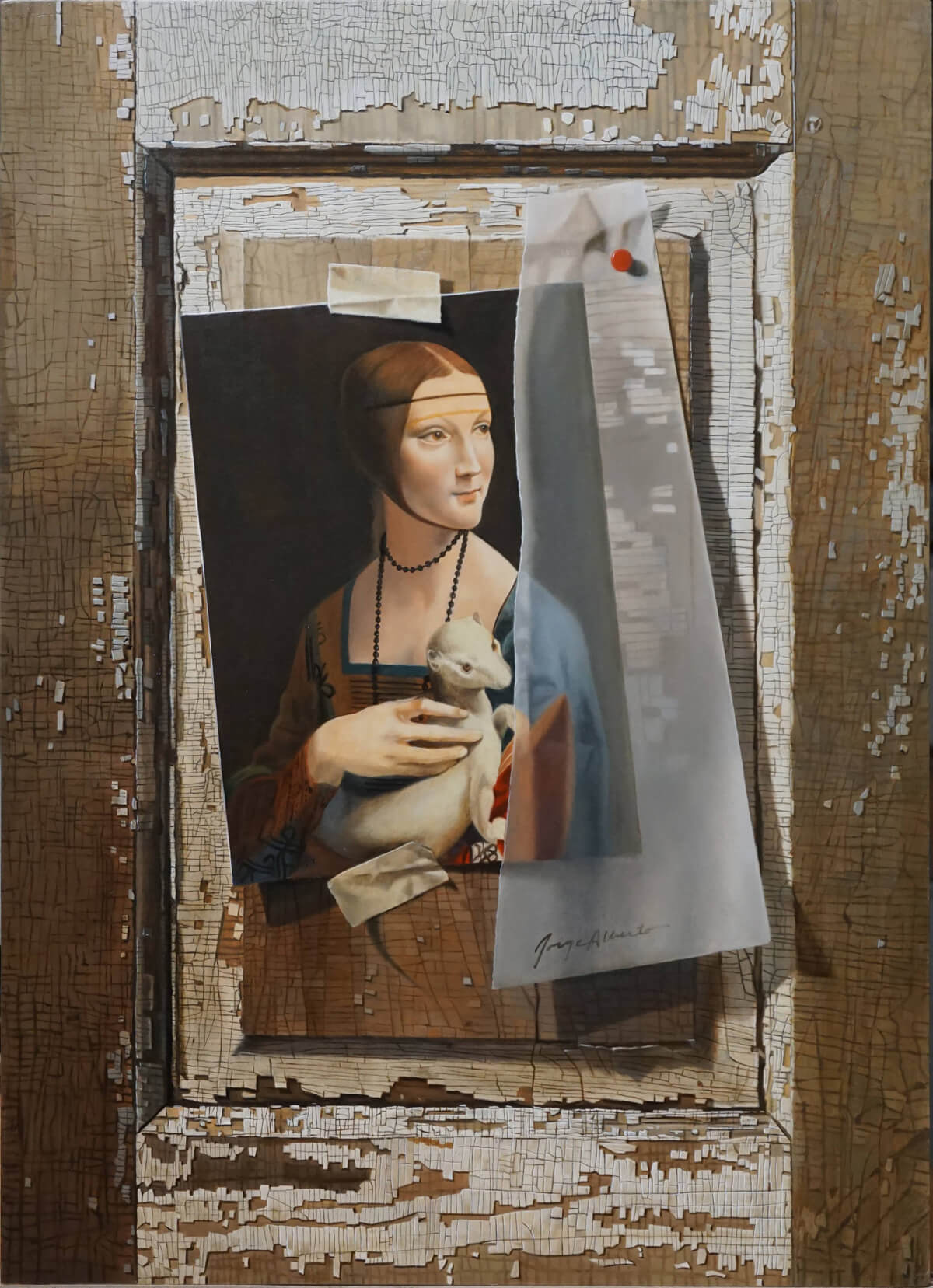A trompe l'oeil style painting showing Lady with Ermine taped to a background of peeling paint a pice of ripped vellum paper is covering the right hand side of the picture.
