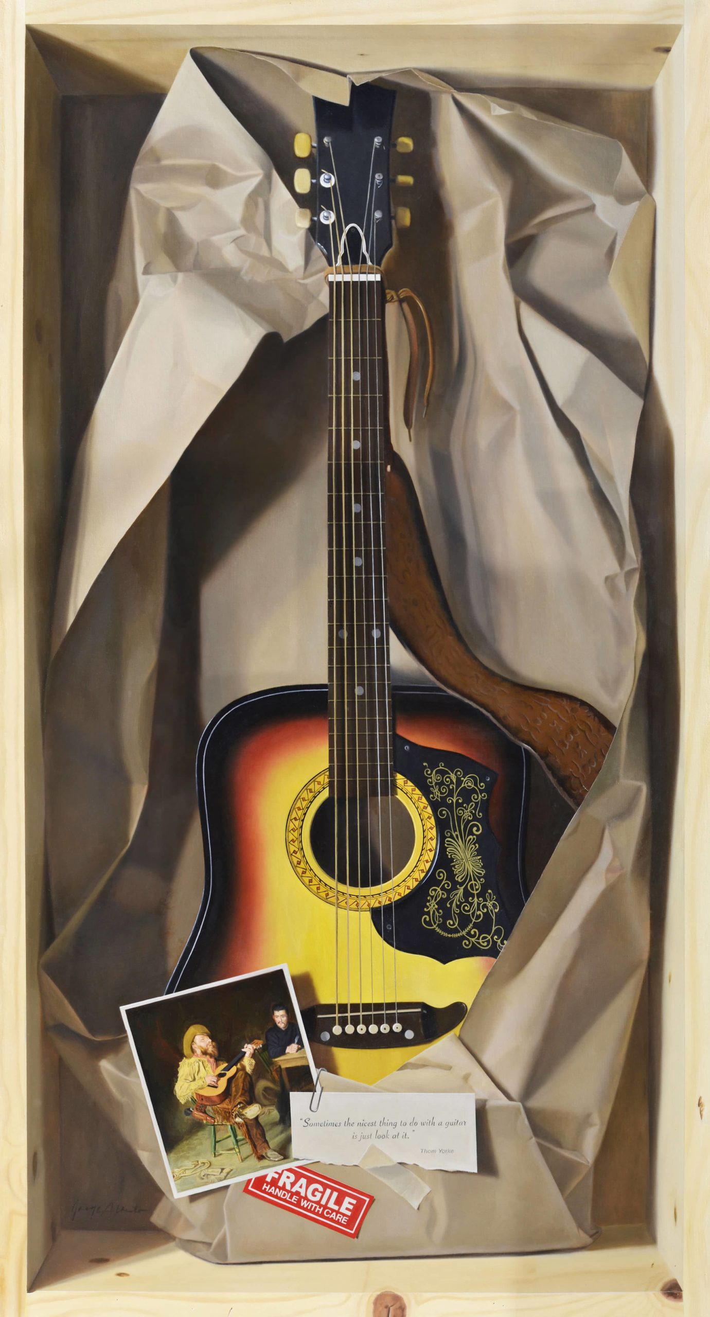 A trompe l'oeil style painting showing a guitar wrapped in brown paper inside wooden box.