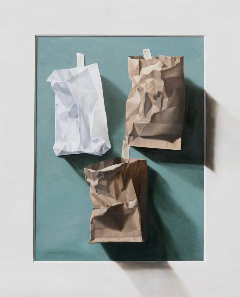 A trompe l'oeil style painting showing three paper bags taped to a teal background surrounded with a white mat.